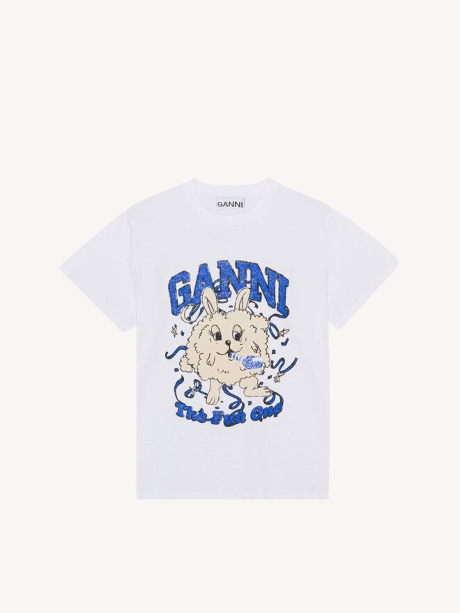 Ganni - Bright white relaxed blå love bunny t-shirt 