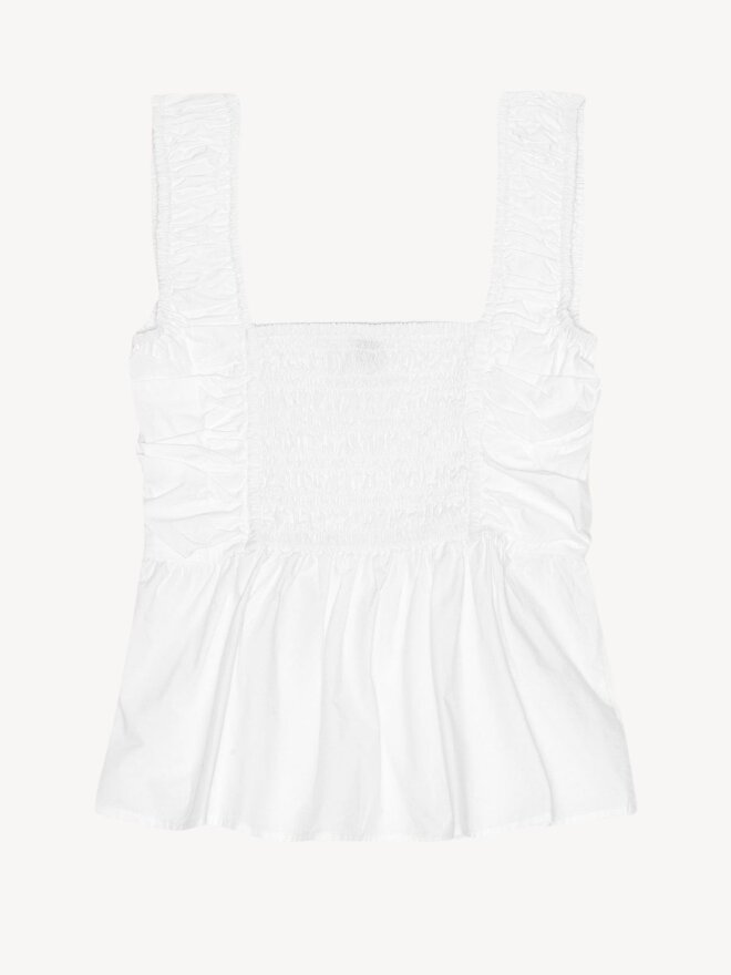 Ganni - COTTON POPLIN SMOCK STRAP TOP HVID