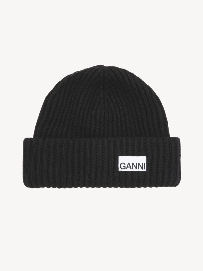 Ganni - RIBSTRIKKET HUE SORT