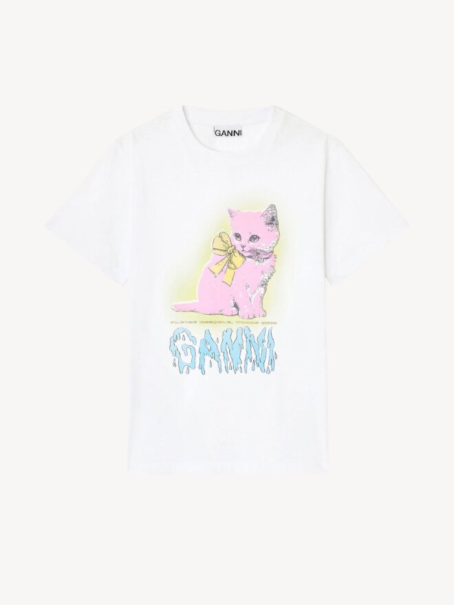 Ganni - Hvid T-shirt med katteprint