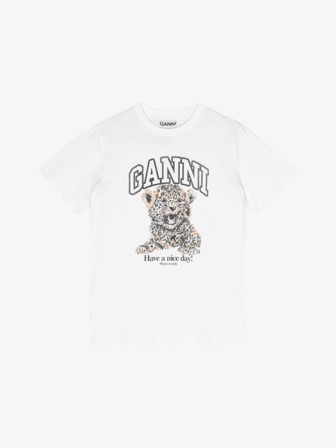 Ganni - Hvid løs T-shirt med leopard
