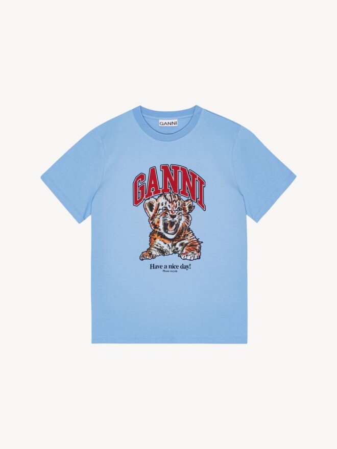 Ganni - Blå løs T-shirt med tiger