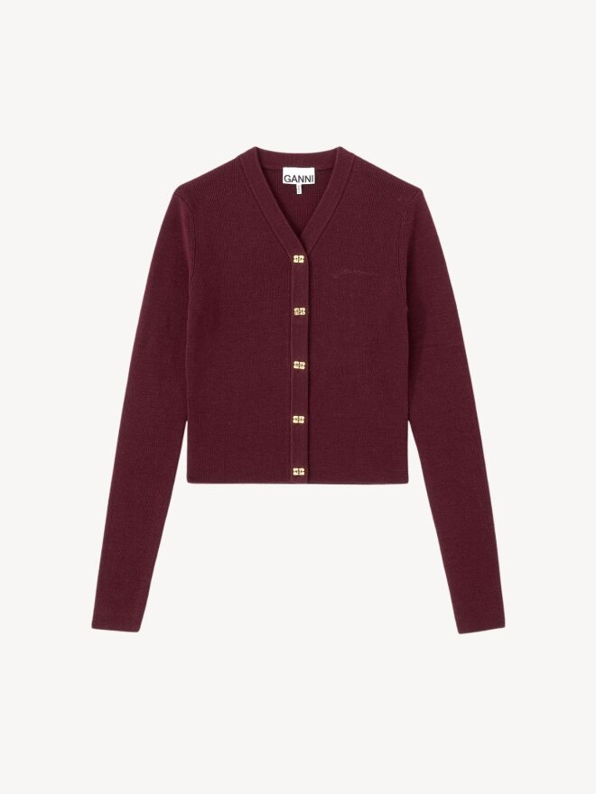 Ganni - Ribbet cardigan med v-halsudskæring