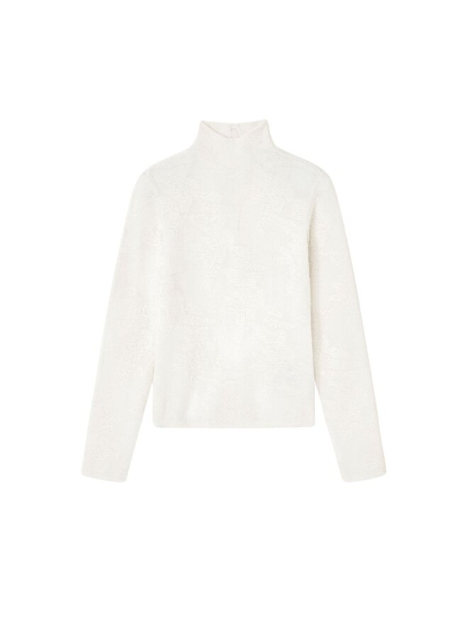 Ganni - Elfenbensfarvet rullekravebluse med gennemsigtigt print