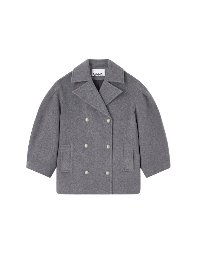 Ganni - Oversize midi peacoat i grå uld