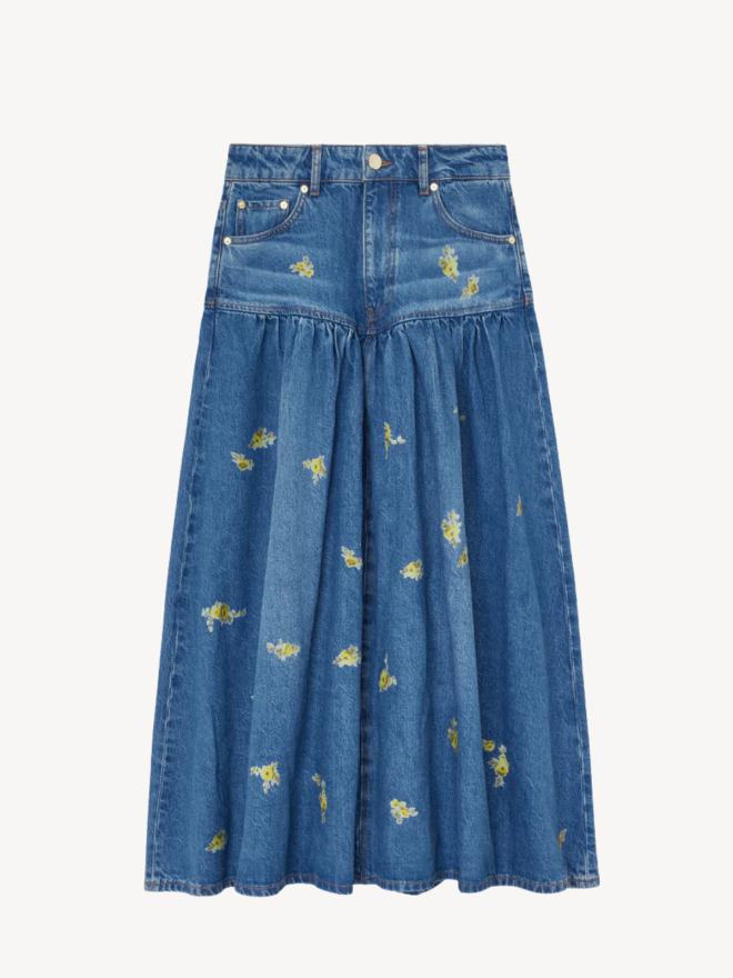Ganni - Printed flower denim long skirt